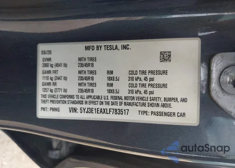 2020 Tesla Model 3 Standard Range Plus Rear-Wheel Drive/Standard Range Rear-Wheel Drive from USA, damaged, VIN 5YJ3E1EAXLF783517